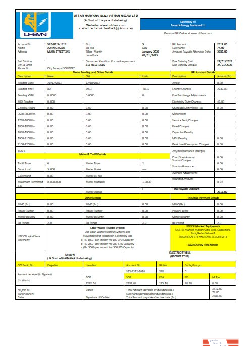 India Uttar Haryana Bijli Vitran Nigam Limited electrecity utility bill Word and PDF formats